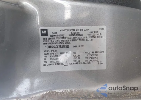 2007 Chevrolet Tahoe Ls z USA, uszkodzony, nr VIN 1GNFC13CX7R310392